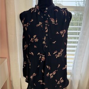 Ann Taylor Navy Blouse with Light Pink Leaf Design